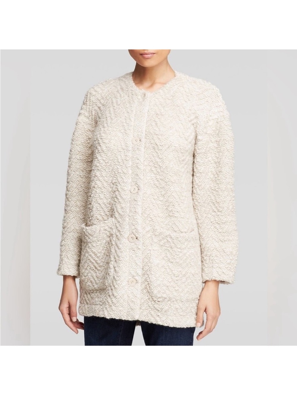 Eileen Fisher Cream Textured Bouclé Button Front Cardigan 🧡